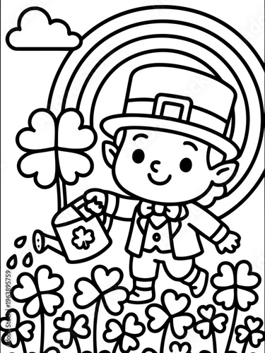 Lucky Charm's Garden: A charming cartoon depiction of a leprechaun, tending to a field of shamrocks under a vibrant rainbow, symbolizing good fortune and the spirit of St. Patrick's Day. 