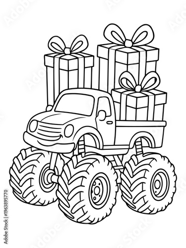 Gift-laden Monster Truck: A cheerful monster truck, joyfully transporting a stack of elaborately wrapped gift boxes, promises a celebration full of cheer.