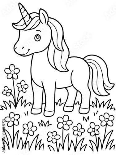 Enchanting Unicorn: A whimsical unicorn stands proudly amidst a field of delicate flowers. Its graceful form and magical horn captivate, hinting at realms of fantasy and wonder.