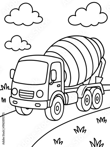 Concrete Mixer Truck: A monochrome illustration of a concrete mixer truck, parked on a road with clouds and grass.