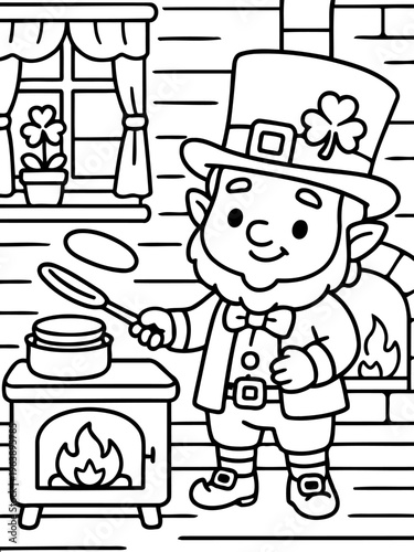 Lucky Leprechaun's Culinary Creation: A jovial leprechaun, beaming with delight, engages in a culinary adventure, creating pancakes in the warmth of a quaint hearth.