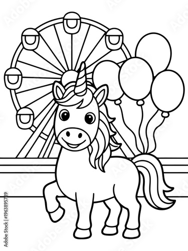 Unicorn Fantasy: Whimsical unicorn stands proudly before a Ferris wheel, its presence enhanced by floating balloons, creating a scene of enchantment and joy.