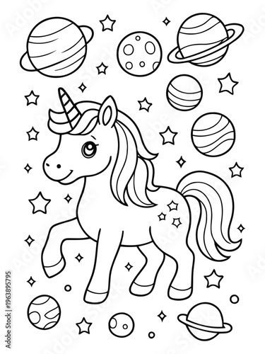 Celestial Unicorn: An enchanting illustration of a unicorn gracefully prancing amidst a whimsical space scene filled with planets and stars.