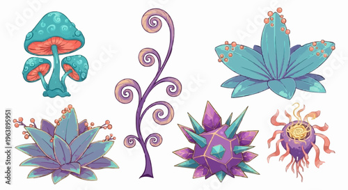 Creative collection of otherworldly flora including bioluminescent mushrooms, crystalline plants, and spiral vines. Perfect for sci-fi games, fantasy world-building, and imaginative storytelling.