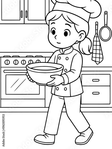 Culinary Craft: A skilled chef, dressed in a traditional uniform and hat, carries a mixing bowl with focused intent in a well-equipped kitchen.