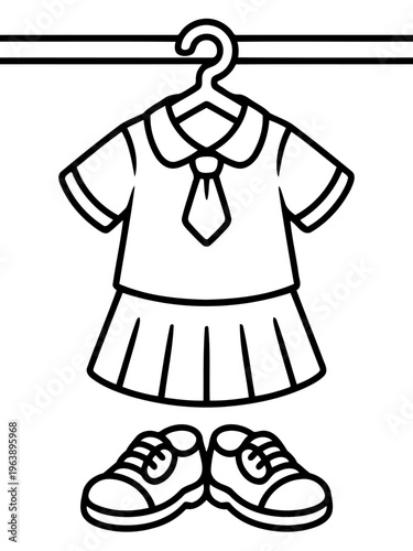 School Outfit: An illustration of a school outfit, comprising a uniform on a hanger and a pair of shoes.