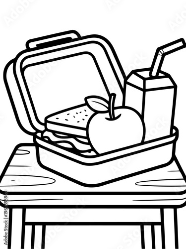 Simple Lunchtime Still Life: A meticulously drawn open lunchbox filled with a sandwich, an apple, and a juice box, placed on a miniature wooden chair.