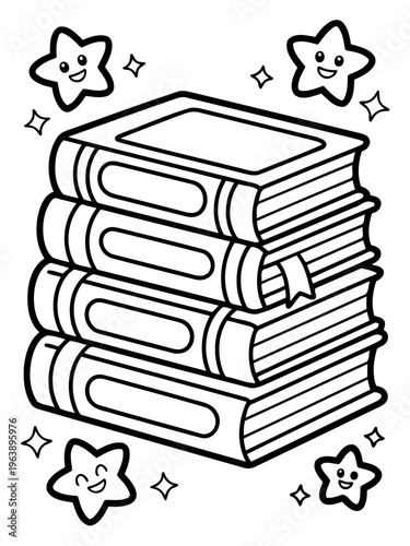Stack of Knowledge: A collection of bound volumes forms a towering stack, each page promising adventure and discovery, while smiling star-shaped companions add a touch of whimsy. 