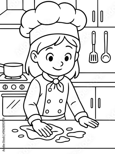Young Chef's Culinary Endeavor: A cartoon illustration depicts a young chef, adorned in a classic toque and chef's uniform, engaging in a culinary activity.