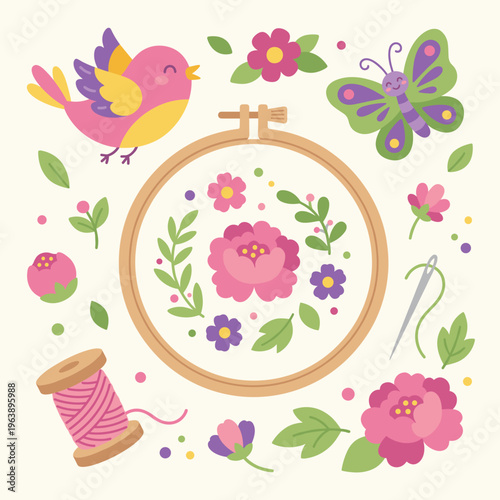 Embroidery Supplies and Floral Motifs with Bird and Butterfly