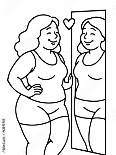 Self-Love and Reflection: An illustration portraying a woman embracing self-love, standing before a mirror and radiating confidence, reflecting a heart symbol above her.