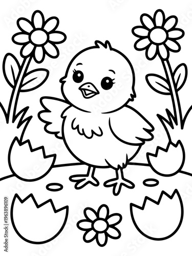 Easter Chick's Sunny Welcome: An adorable, newly hatched chick with charming features, surrounded by vibrant flowers and the remnants of its eggshell.