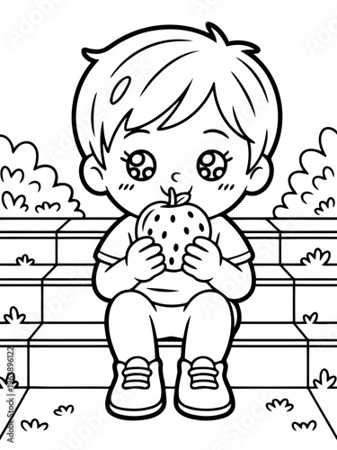 Boy Enjoying Apple: A charming illustration shows a young boy sitting on a step, contentedly eating a red apple, capturing a moment of innocent joy and healthy enjoyment.