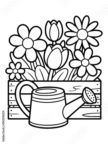Blooming Garden Illustration: A delightful illustration of a blooming garden, showcasing vibrant flowers with a watering can ready to nourish the blooms.