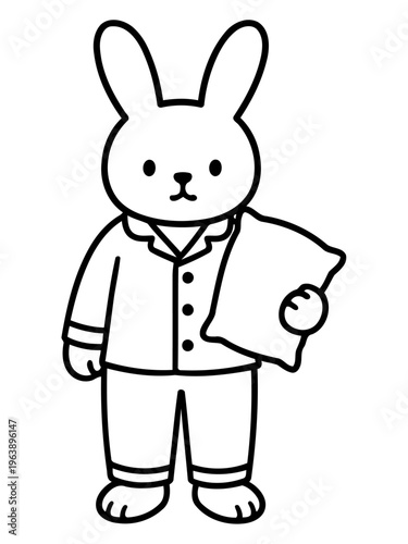 Bedtime Bunny: An endearing illustration of a cartoon bunny in pajamas, ready for a peaceful night's sleep, holding a soft pillow and filled with calm emotions.