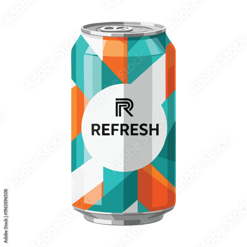 A teal, orange, and white geometric patterned can with the word "REFRESH" on it