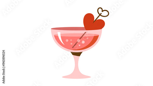 Elegant pink cocktail glass topped with a heart-shaped garnish and cherry Vector