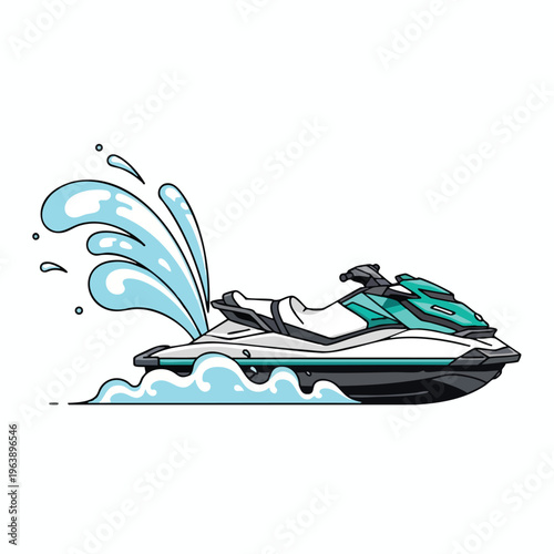Teal and white watercraft speeds through blue water splashes