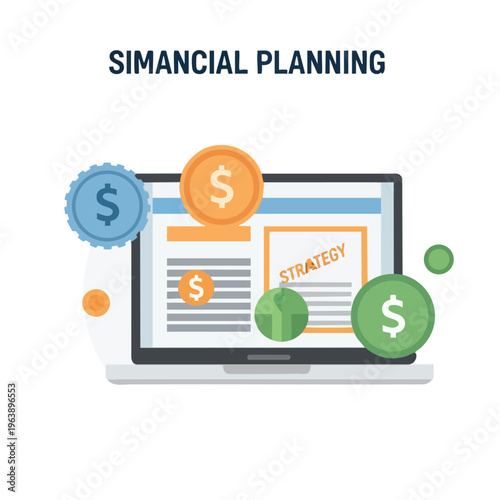 Wallpaper Mural Financial Planning graphic showing laptop with coins, strategy document, and money Torontodigital.ca