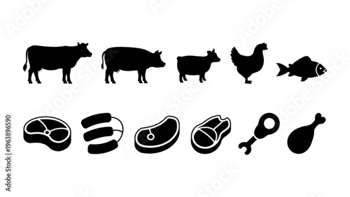 Black and white icons of farm animals and food items in silhouette style Vector