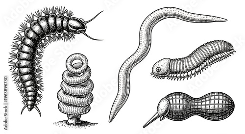 Set of Hand-Drawn Myriapods and Worms Scientific Illustration