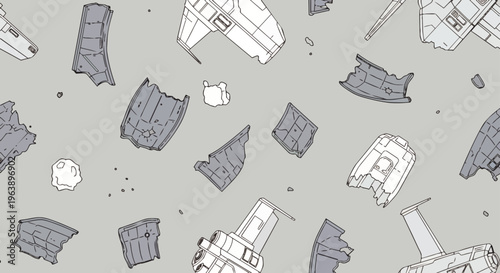 space debris and spaceship wreckage floating in a conceptual cosmic background perfect for a sci-fi illustration.