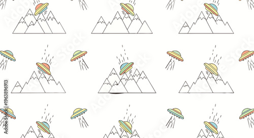 whimsical ufo mountain seamless pattern features colorful alien spaceships in a minimalist design creating a playful background for creative projects.