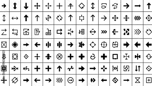 black and white arrow and cross icons set for ui ux elements navigation controls and modern interface design.