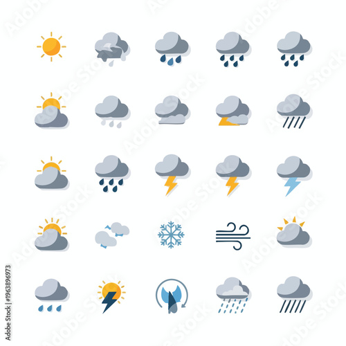 Collection of flat icons depicting various weather conditions