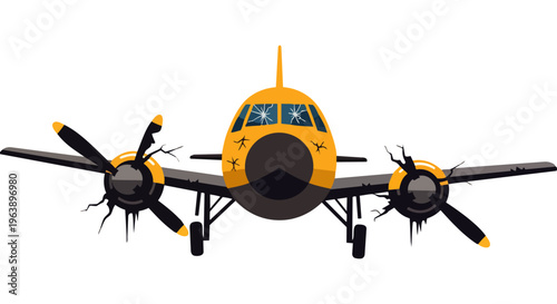 damaged propeller plane with broken propellers and cracked windshields depicting a severe airplane crash or aviation accident.
