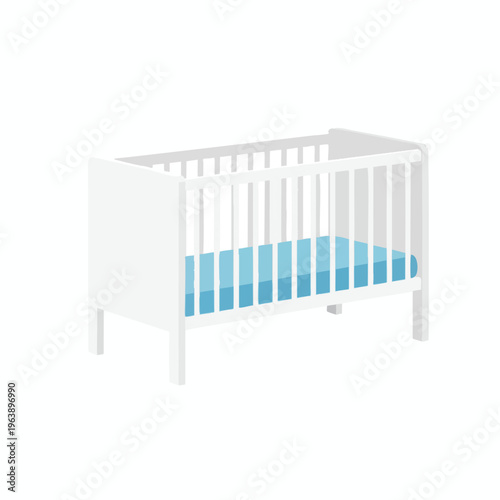 A simple, white wooden baby crib with a blue striped mattress