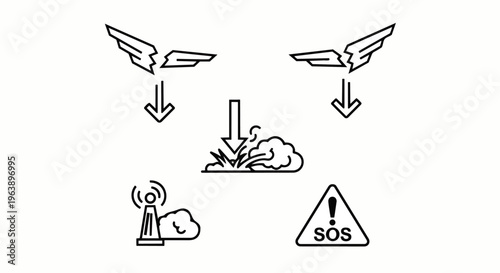 drone crash and aircraft accident icons showing broken wings an emergency situation and a communication failure with an sos warning sign.