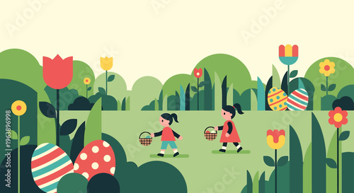 easter egg hunt with two young children searching for colorful eggs in a vibrant spring park depicting a joyful holiday tradition.