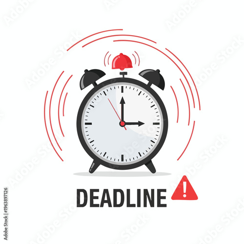 A ringing alarm clock with red sound waves and "DEADLINE" text