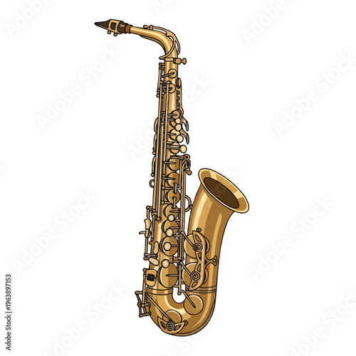 A detailed illustration of a shiny golden saxophone on a white background
