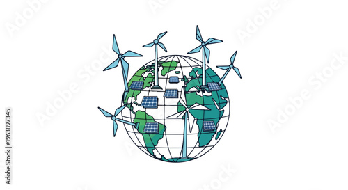 Earth Day illustration featuring a globe surrounded by wind turbines and solar panels promoting renewable energy