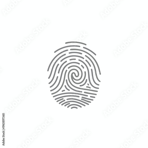Simple grey fingerprint graphic with a swirl in the center on a white background