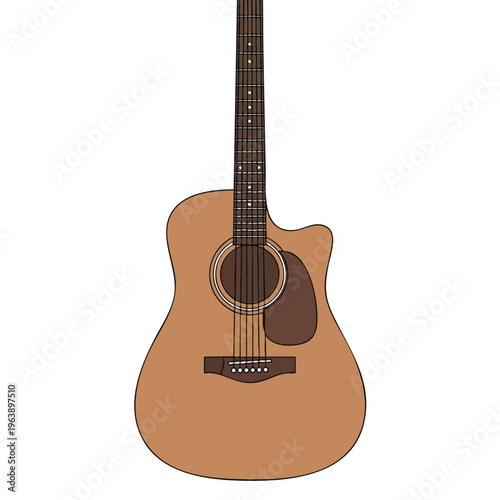 Brown acoustic guitar with a cutaway, six strings, and pickguard