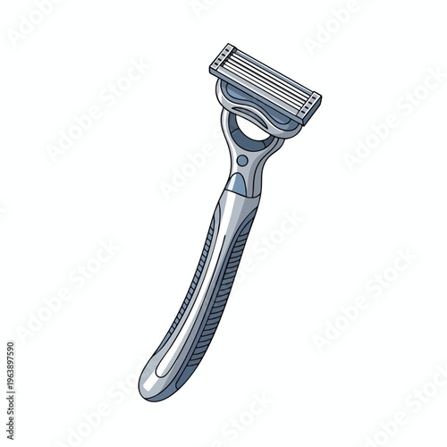 Gray razor with five blades, ergonomic handle, and grip details on white
