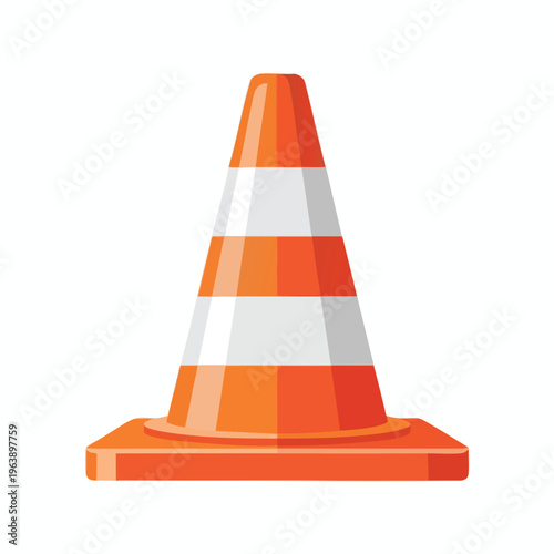 Vivid orange and white striped traffic cone on a stark white background