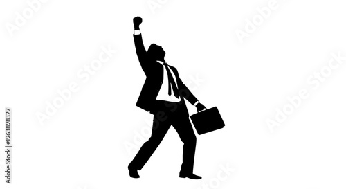 Businessman Walking with Briefcase and Raised Fist.