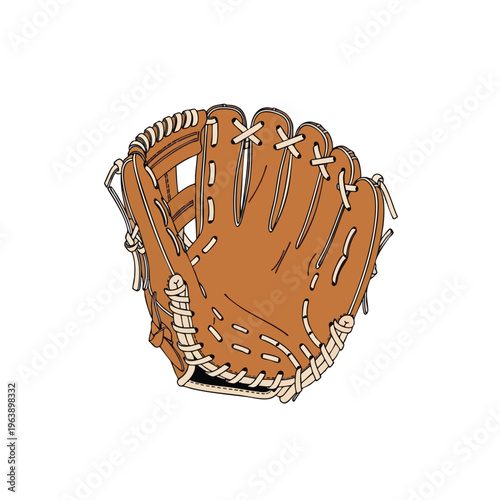 A detailed illustration of a brown leather baseball glove with cream-colored stitching