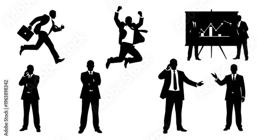 Businessmen in Various Active Poses Silhouettes.