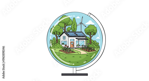 Illustration of a sustainable home with solar panels and wind turbines inside a globe for Earth Day
