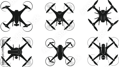 Collection of six quadcopter drone silhouettes with different designs, aerial technology icons photography videography unmanned flight equipment illustration
