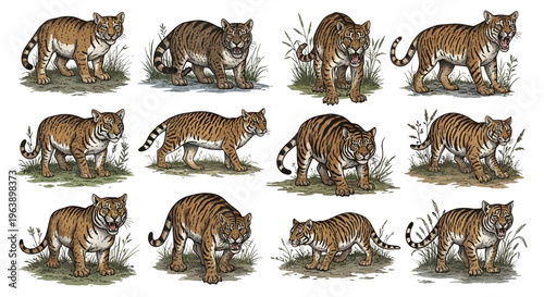 Set of Tiger Illustrations in Various Poses
