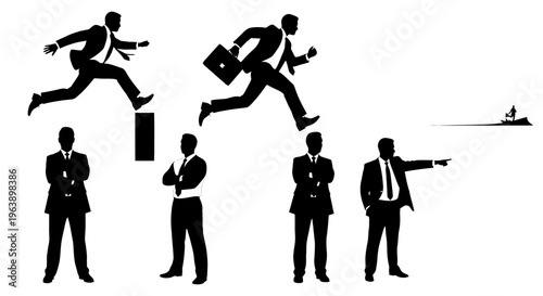 Businessmen Running and Standing in Suits.