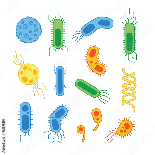 Assorted colorful cartoon bacteria and microorganisms in various shapes