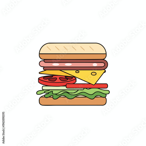 A tall, cartoon-style sandwich stacked with meat, cheese, tomato, and lettuce