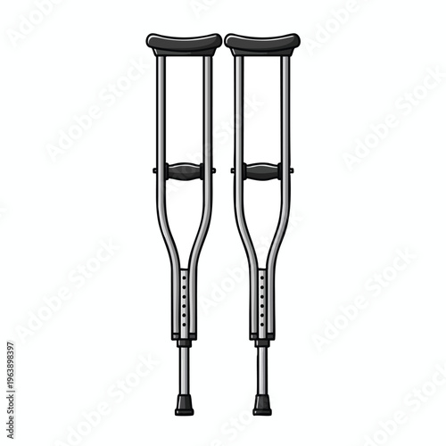 Two metal forearm crutches with black grips and tips, isolated on white